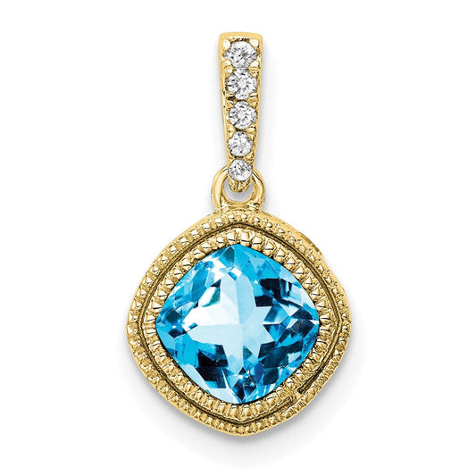 10k yellow gold cushion blue topaz and real diamond pendant pm7092 bt 021 1ya