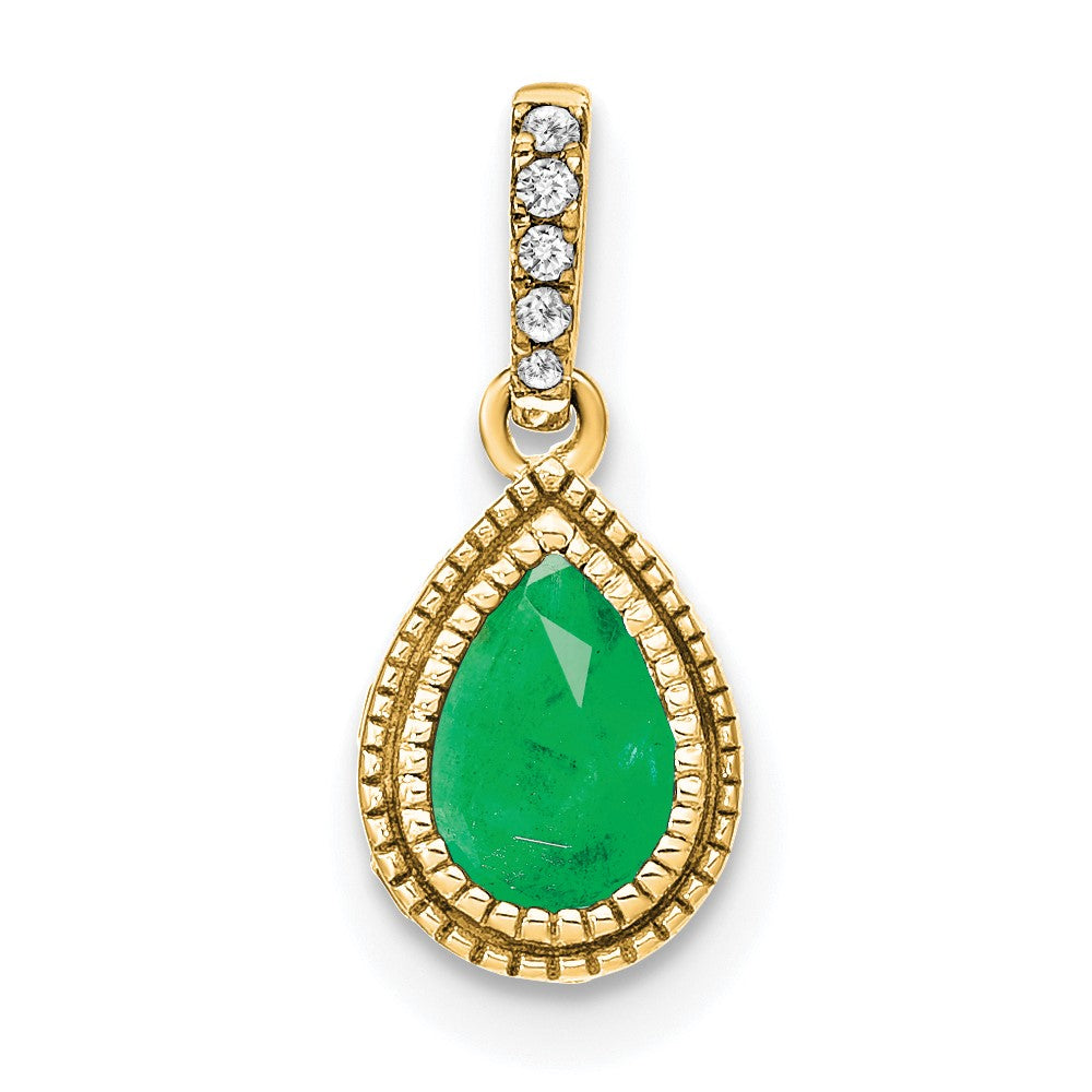 14k yellow gold pear emerald and real diamond pendant pm7094 em 019 ya