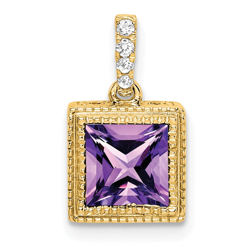 14k yellow gold square amethyst and real diamond pendant pm7096 am 013 ya
