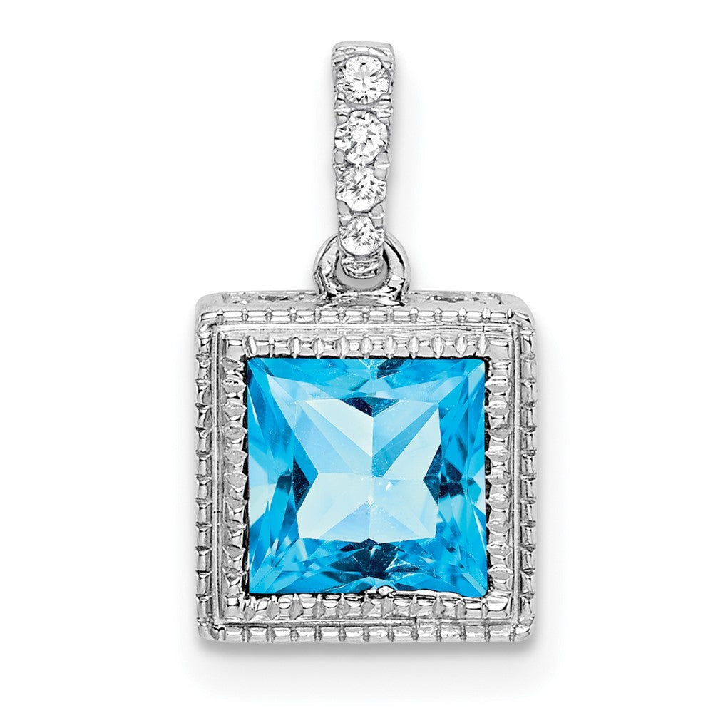 14k white gold square blue topaz and real diamond pendant pm7096 bt 013 wa