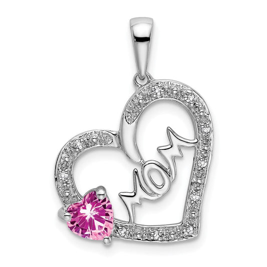 14k white gold pink sapphire and real diamond mom heart pendant pm7172 ps 005 wa