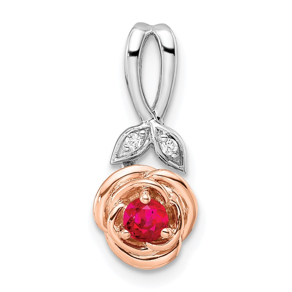 14k two tone gold white rose ruby and real diamond flower pendant pm8266 ru 002 wra