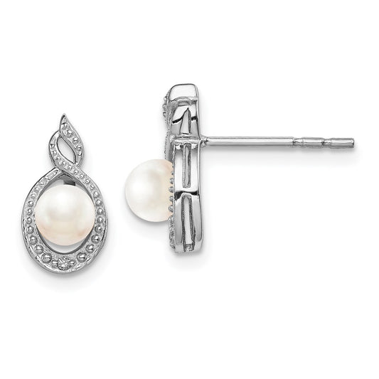 Sterling Silver Rhodium-plated FW Cultured Pearl u0026 Diamond Earrings