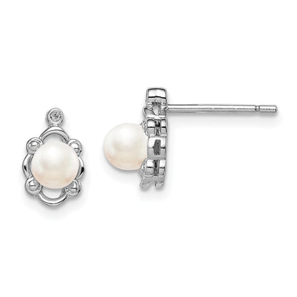 Sterling Silver Rhodium-plated FW Cultured Pearl u0026 Diamond Earrings