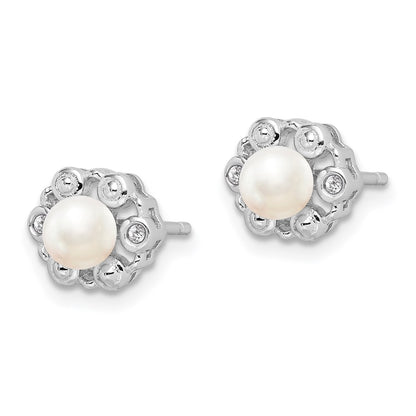 Sterling Silver Rhodium-plated FW Cultured Pearl u0026 Diamond Earrings