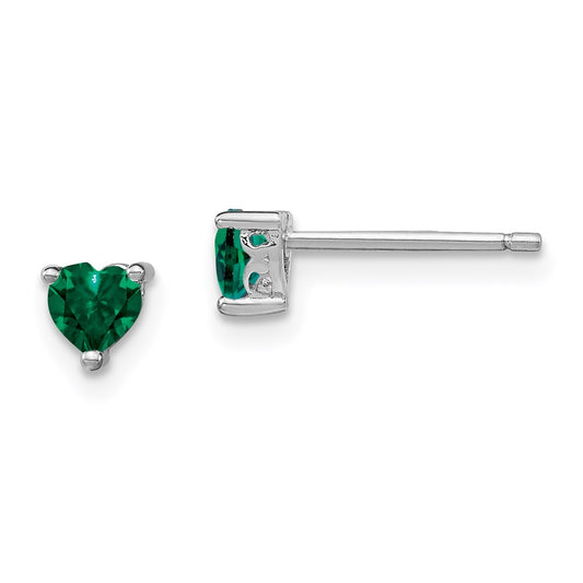 Sterling Silver 4mm Heart Created Emerald Post Earrings