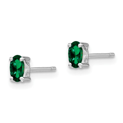 Sterling Silver Rhodium-plated 5x3mm Oval Created Emerald Post Earrings