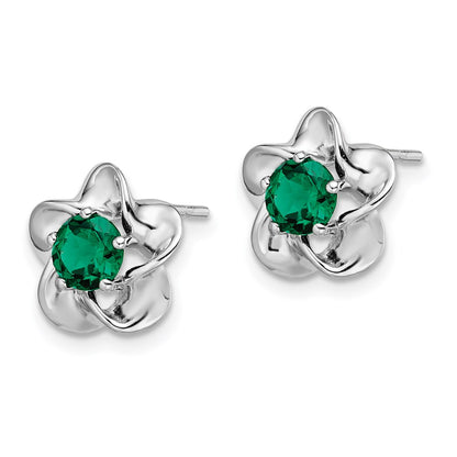 Sterling Silver Rhodium-plated Floral Created Emerald Post Earrings