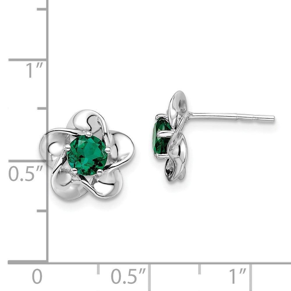 Sterling Silver Rhodium-plated Floral Created Emerald Post Earrings