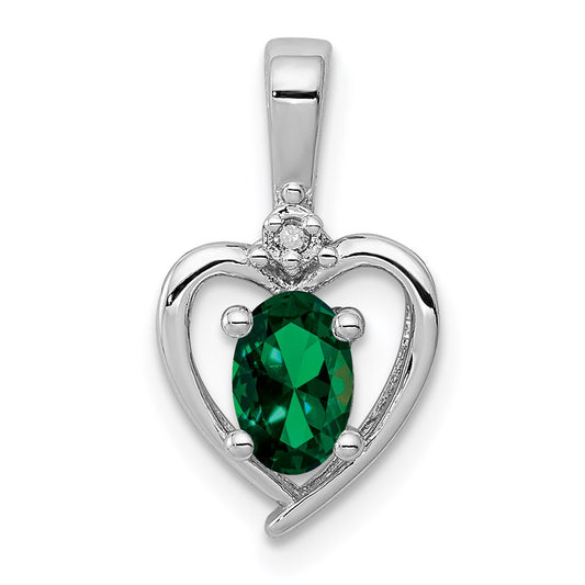 Sterling Silver Rhodium-plated Created Emerald u0026 Diamond Pendant