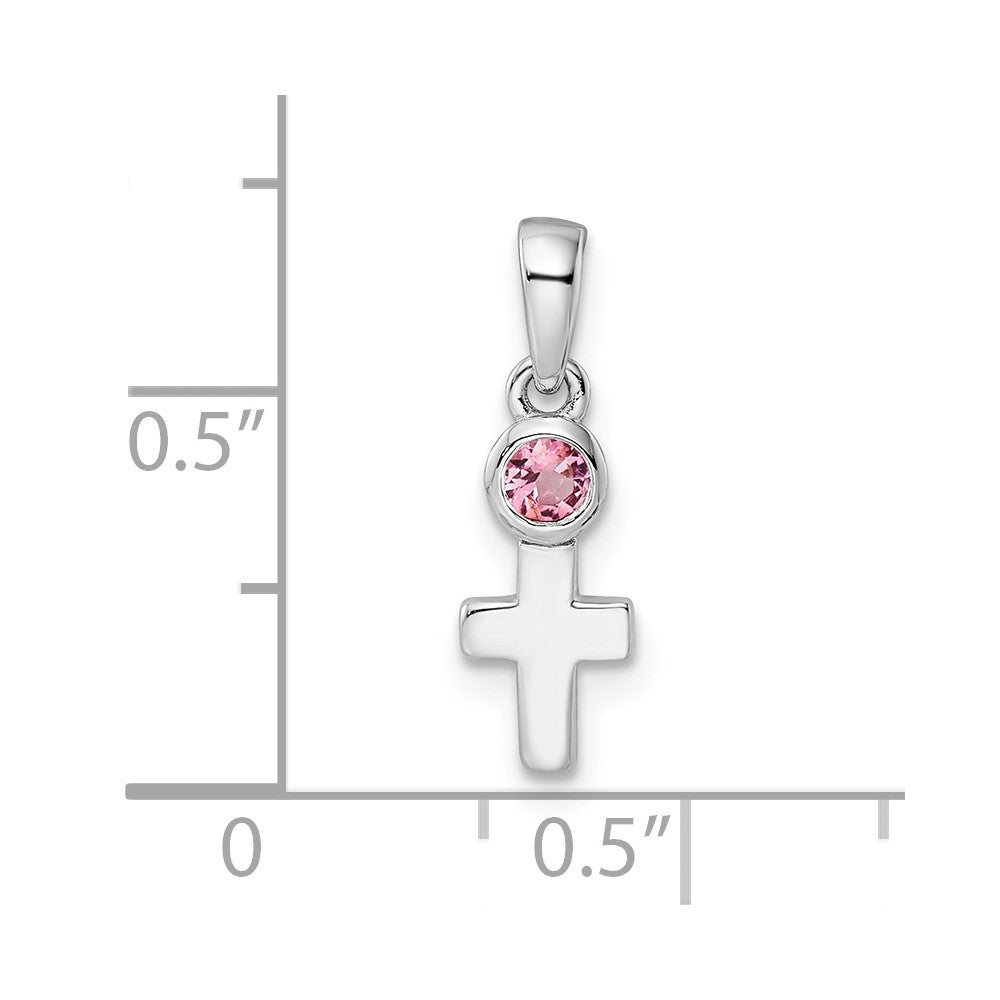 Sterling Silver Rhodium-plated Polished Pink Tourmaline Cross Pendant