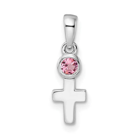 Sterling Silver Rhodium-plated Polished Pink Tourmaline Cross Pendant