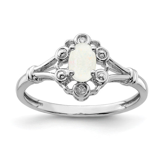 Sterling Silver Rhodium-plated Created Opal u0026 Diamond Ring