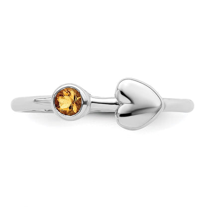 Sterling Silver Rhodium-plated Polished Heart Citrine Ring