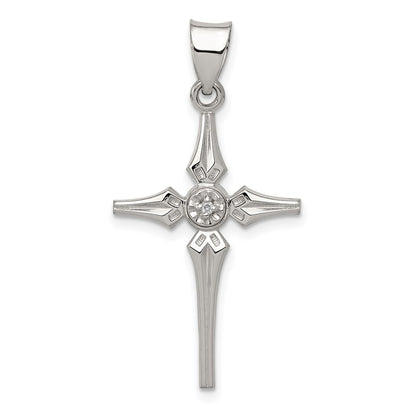 Sterling Silver Diamond Polished Brushed Back Latin Cross Pendant