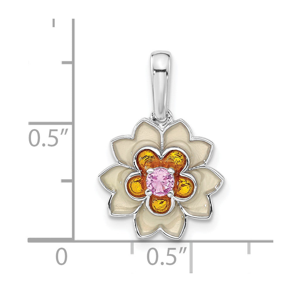 Sterling Silver Polished Enamel u0026 Created Pink Sapphire Flower Pendant