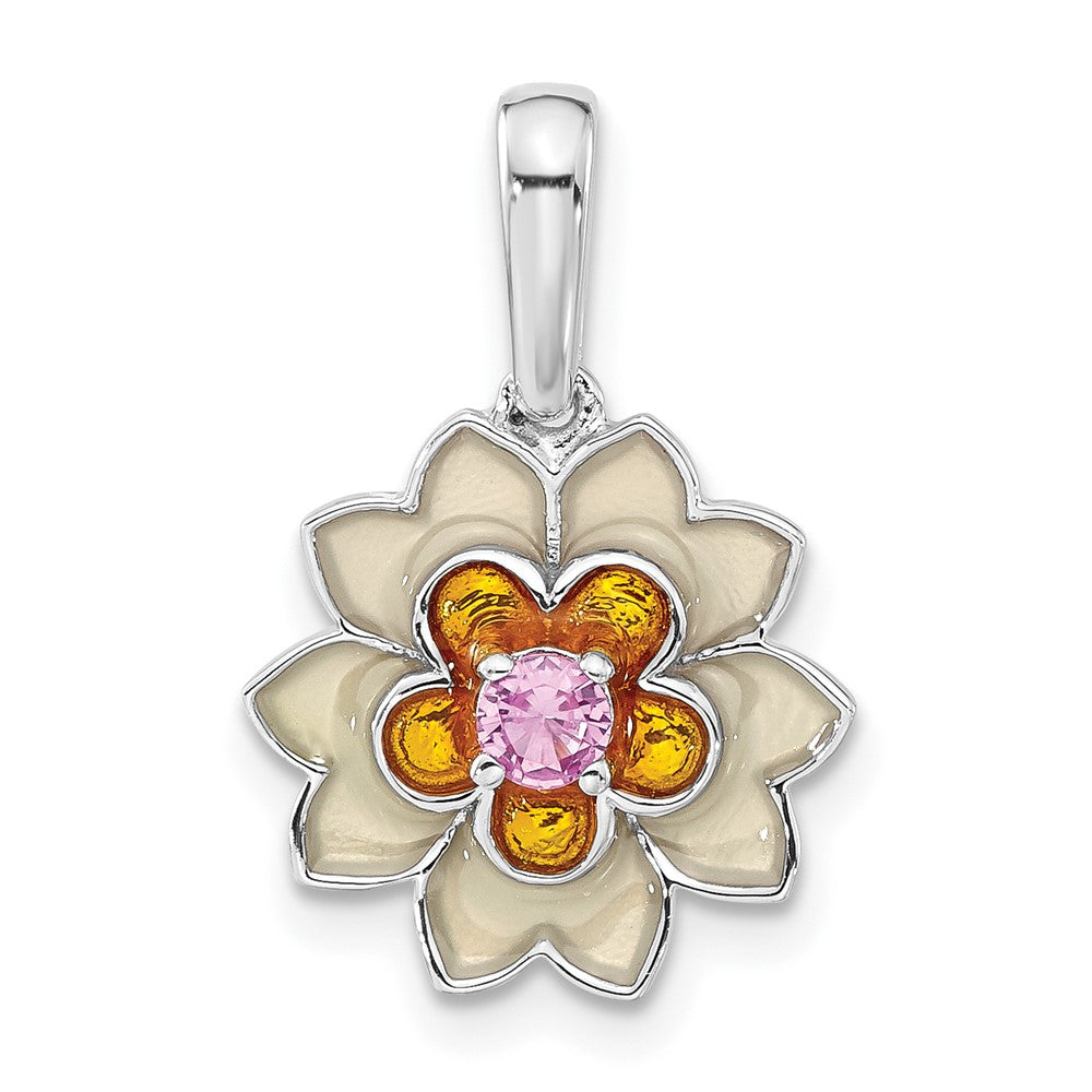 Sterling Silver Polished Enamel u0026 Created Pink Sapphire Flower Pendant