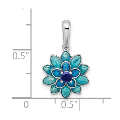 Sterling Silver Created Sapphire and Enamel Flower Pendant