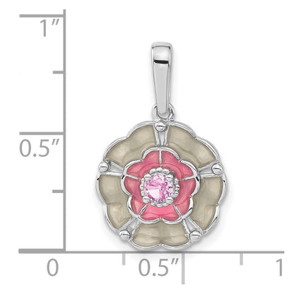 Sterling Silver Polished Enamel u0026 Created Pink Sapphire Flower Pendant
