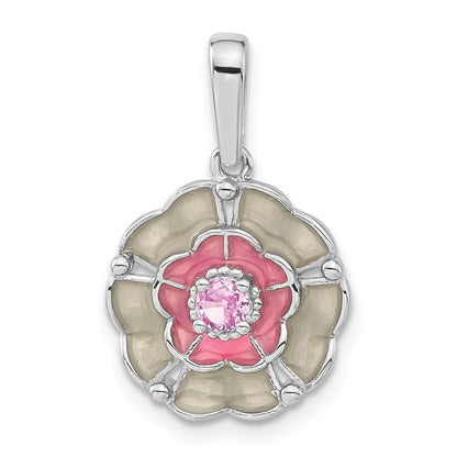 Sterling Silver Polished Enamel u0026 Created Pink Sapphire Flower Pendant