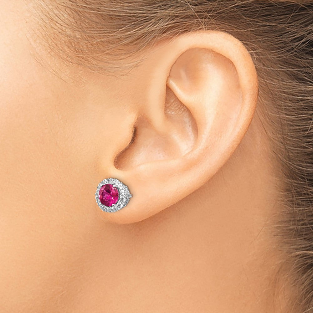 Cheryl M Sterling Silver Rhodium-plated Brilliant-cut Lab Created Ruby and Brilliant-cut White CZ Round Halo Post Earrings