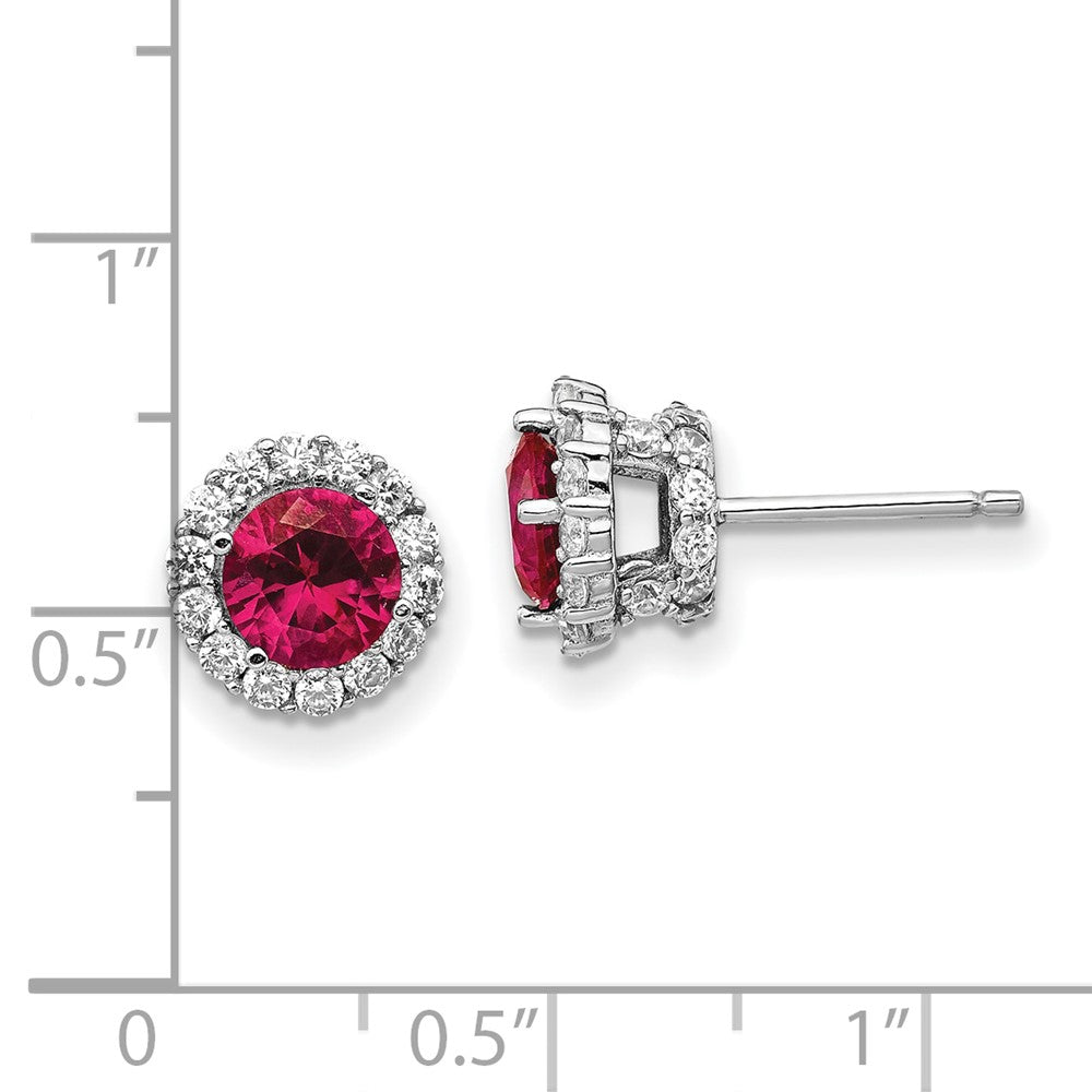 Cheryl M Sterling Silver Rhodium-plated Brilliant-cut Lab Created Ruby and Brilliant-cut White CZ Round Halo Post Earrings