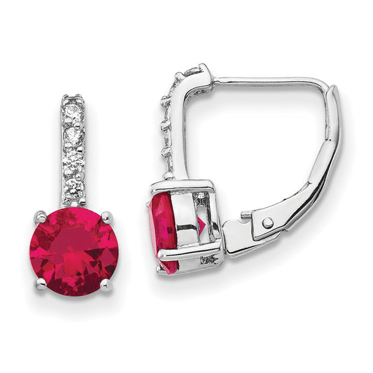 Cheryl M Sterling Silver Rhodium-plated Brilliant-cut Lab Created Ruby and Brilliant-cut White CZ Leverback Earrings