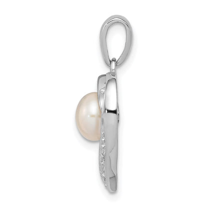Sterling Silver Rhodium 6mm FW Cultured Pearl u0026 Diamond Heart Pendant