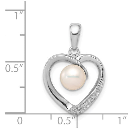 Sterling Silver Rhodium 6mm FW Cultured Pearl u0026 Diamond Heart Pendant