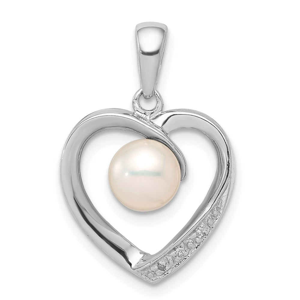 Sterling Silver Rhodium 6mm FW Cultured Pearl u0026 Diamond Heart Pendant