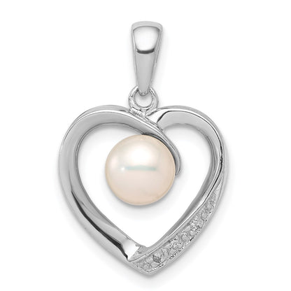 Sterling Silver Rhodium 6mm FW Cultured Pearl u0026 Diamond Heart Pendant