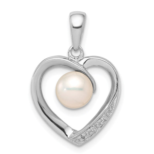 Sterling Silver Rhodium 6mm FW Cultured Pearl u0026 Diamond Heart Pendant