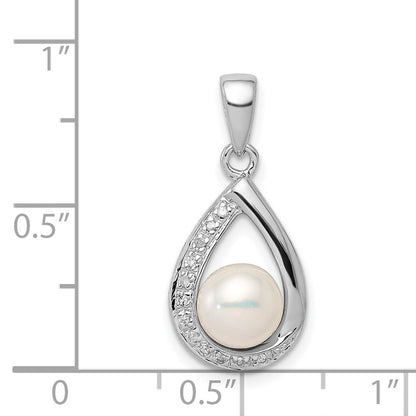 Sterling Silver Rhodium 6mm FW Cltrd Pearl u0026 Diamond Teardrop Pendant