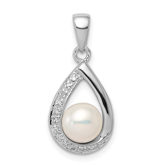 Sterling Silver Rhodium 6mm FW Cltrd Pearl u0026 Diamond Teardrop Pendant
