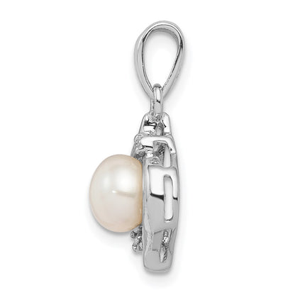 Sterling Silver Rhodium 6mm FW Cultured Pearl u0026 Diamond Pendant