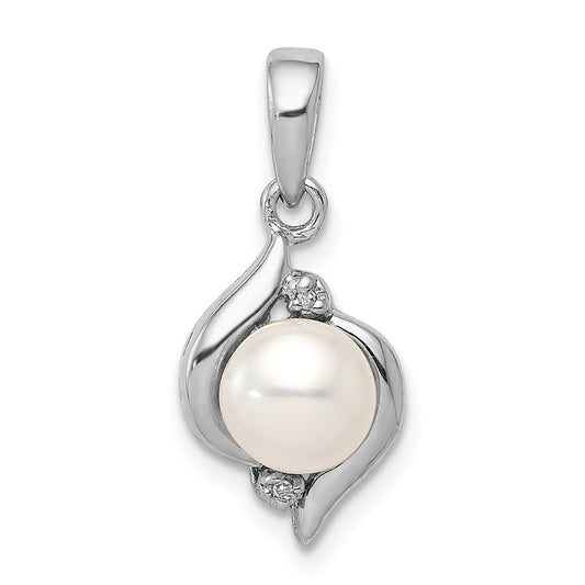 Sterling Silver Rhodium 6mm FW Cultured Pearl u0026 Diamond Pendant