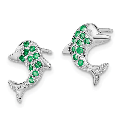 Sterling Silver Rhodium Emerald u0026 Diamond Dolphin Post Earrings