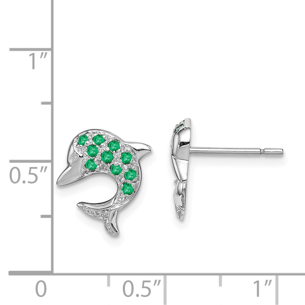 Sterling Silver Rhodium Emerald u0026 Diamond Dolphin Post Earrings