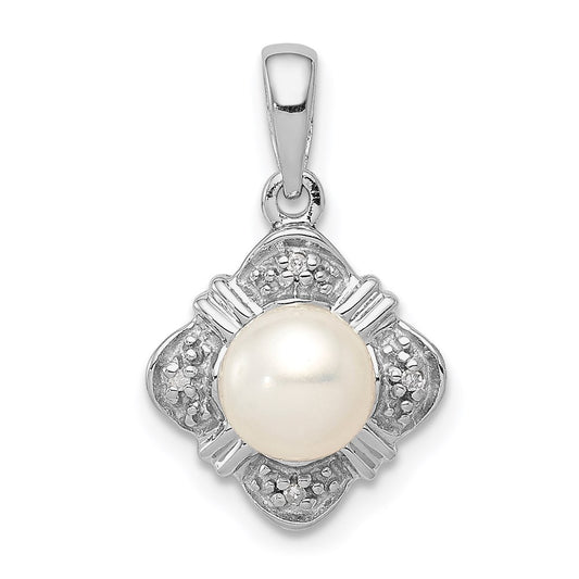 Sterling Silver Rhodium FW Cultured Pearl u0026 Diamond Pendant