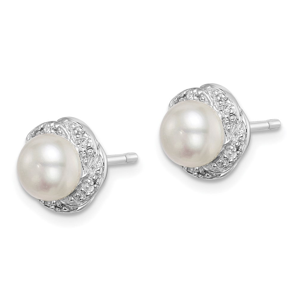 Sterling Silver Rhodium FW Cultured Pearl u0026 Diamond Post Earrings
