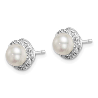 Sterling Silver Rhodium FW Cultured Pearl u0026 Diamond Post Earrings