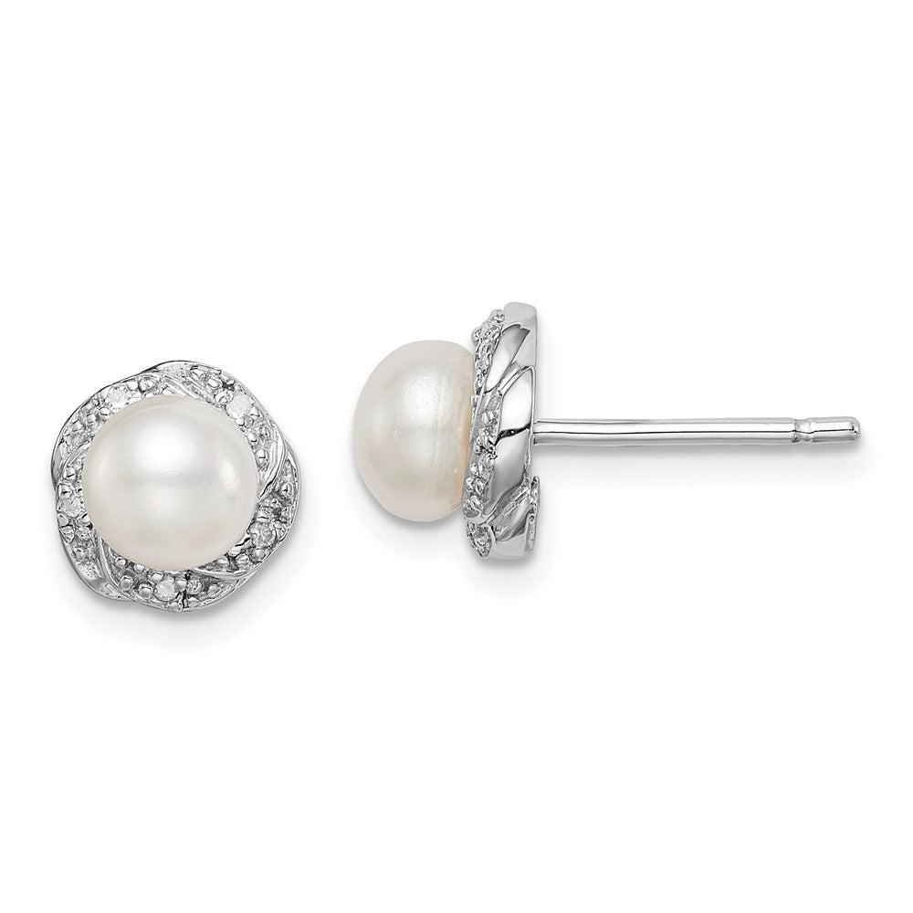 Sterling Silver Rhodium FW Cultured Pearl u0026 Diamond Post Earrings