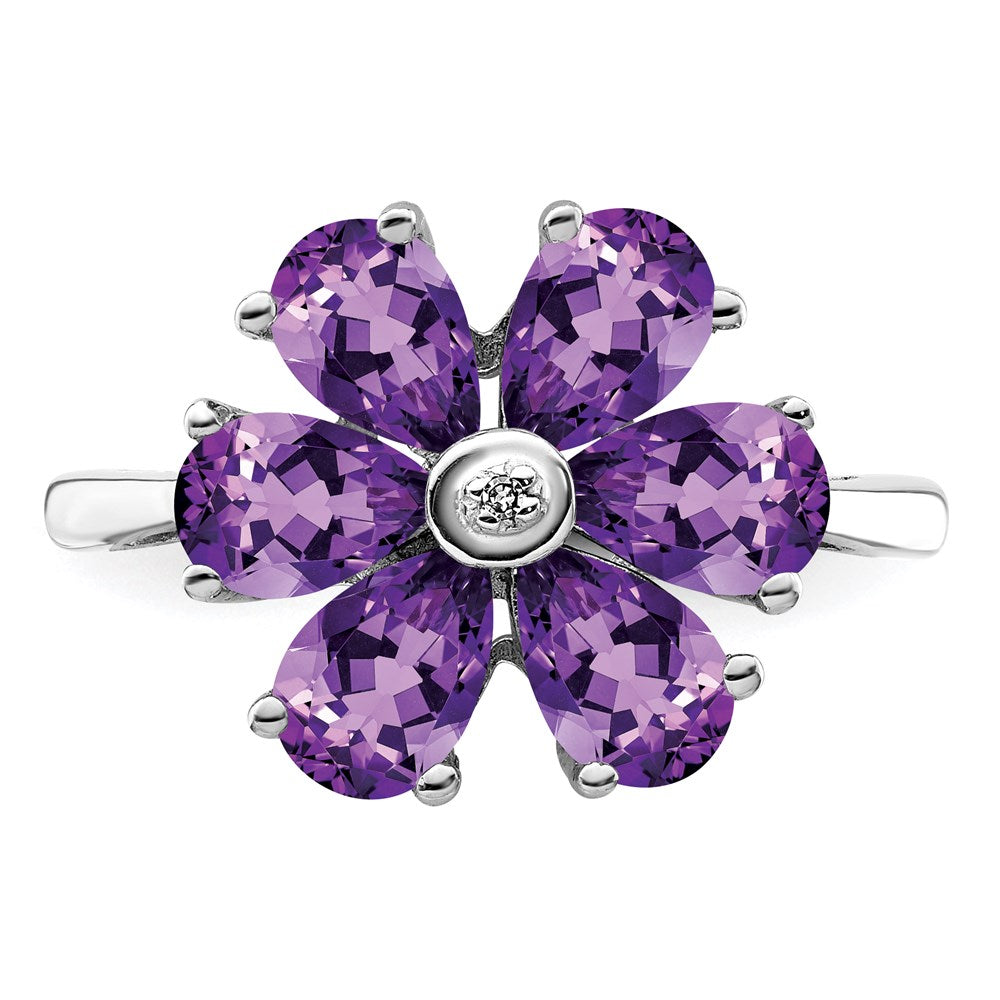 Sterling Silver Rhodium Amethyst u0026 Diamond Flower Ring