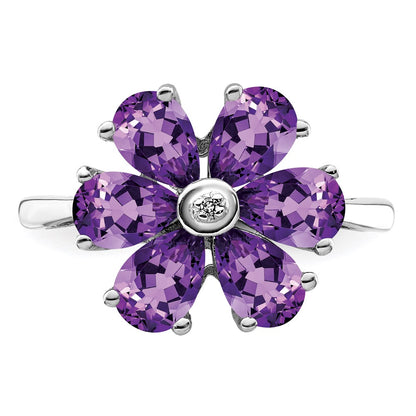 Sterling Silver Rhodium Amethyst u0026 Diamond Flower Ring