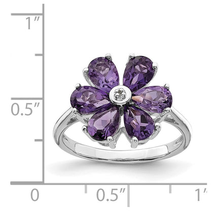 Sterling Silver Rhodium Amethyst u0026 Diamond Flower Ring
