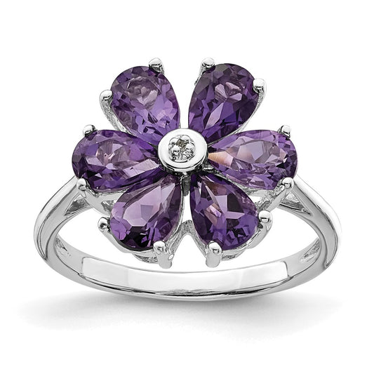 Sterling Silver Rhodium Amethyst u0026 Diamond Flower Ring