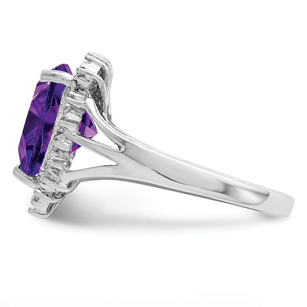 Sterling Silver Rhodium Trillion Amethyst u0026 Diamond Ring