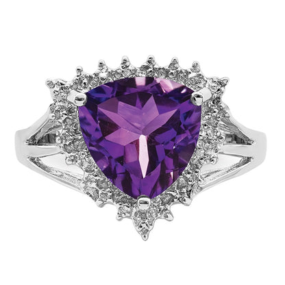 Sterling Silver Rhodium Trillion Amethyst u0026 Diamond Ring