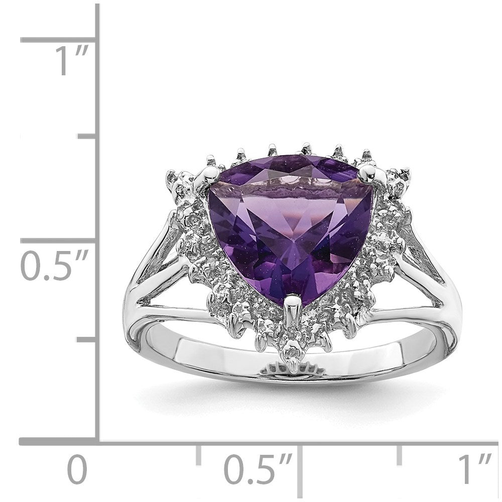 Sterling Silver Rhodium Trillion Amethyst u0026 Diamond Ring
