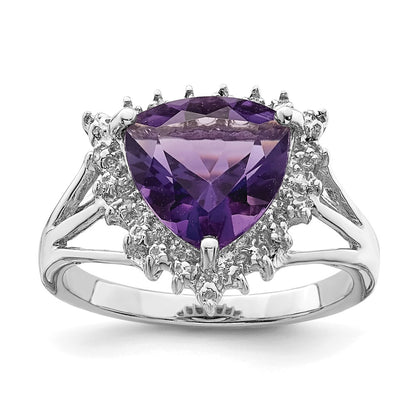 Sterling Silver Rhodium Trillion Amethyst u0026 Diamond Ring